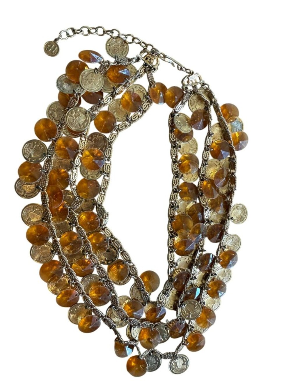 Vintage Signed HOBE Rare Egyptian Bib Necklace W/ Lucite Yellow Beads & Gold Coi